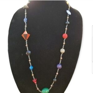 VINTAGE UNIQUE CERAMIC, CINNABAR & GEMSTONE BEADED NECKLACE